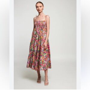Anthropologie S/W/F Miro Midi Dress Smocked Tie Shoulder Geometric Print Sz L